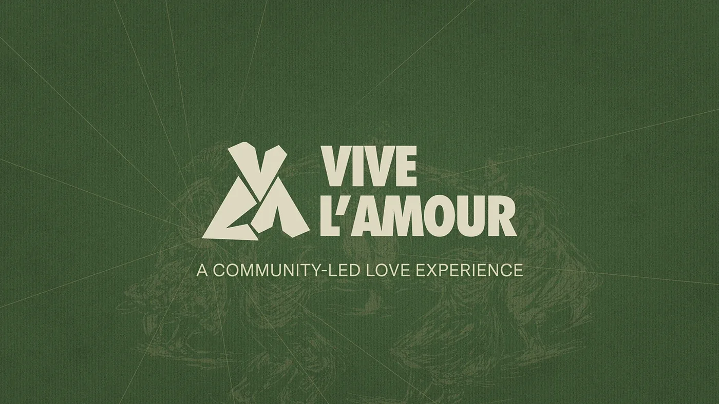 Vive l’Amour identity system, logo reversed on brand green